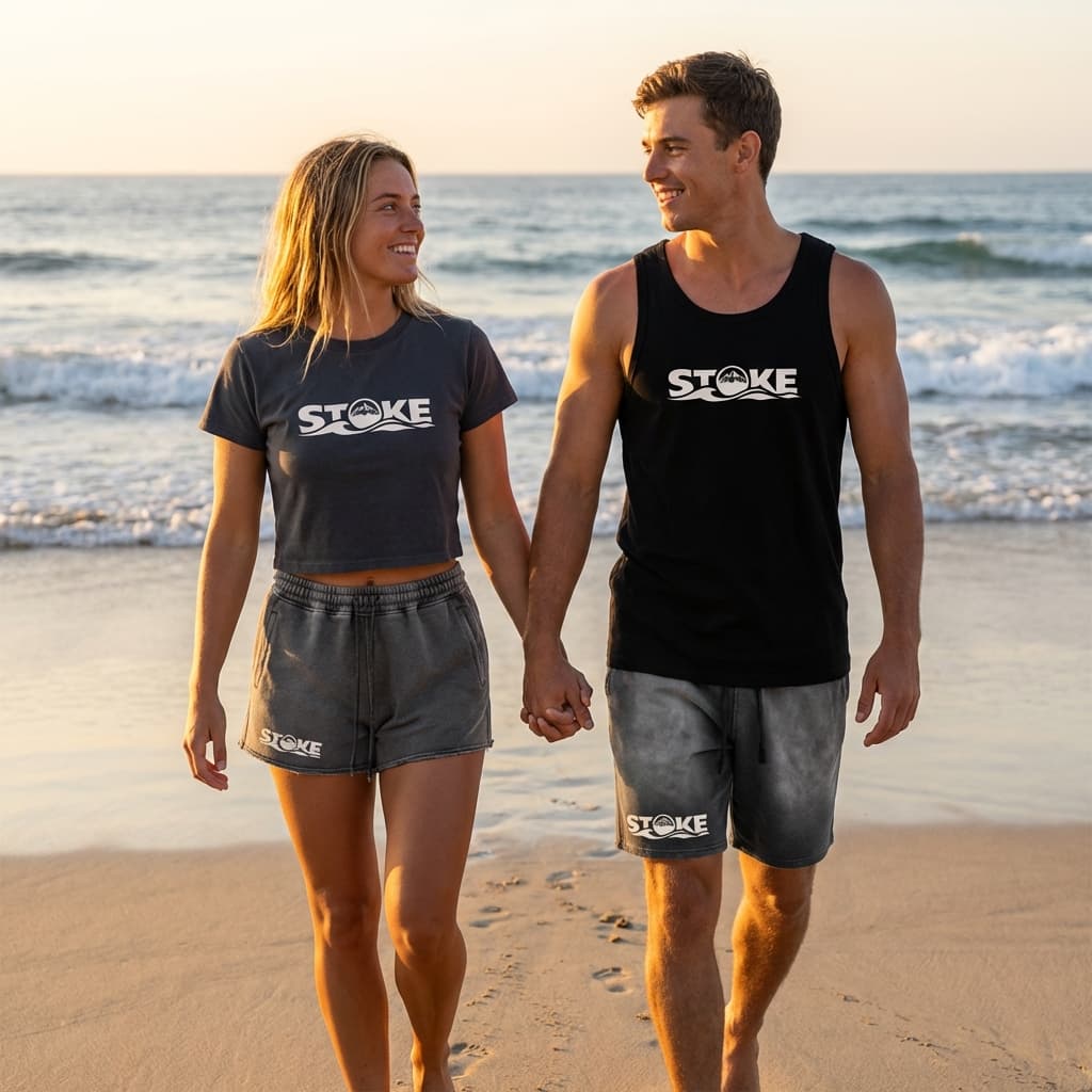 Beach couple in Stoke gear