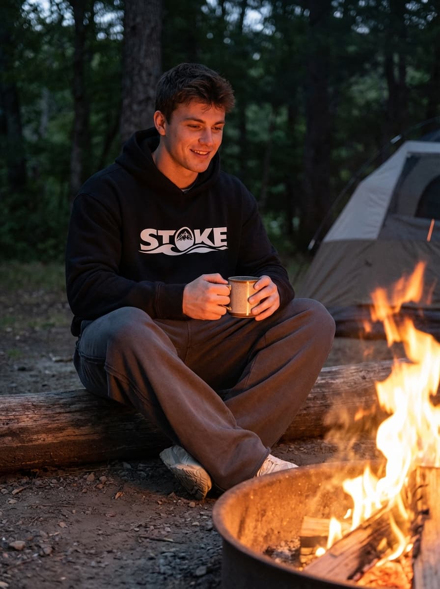 Campfire in the mountains wearing Stoke