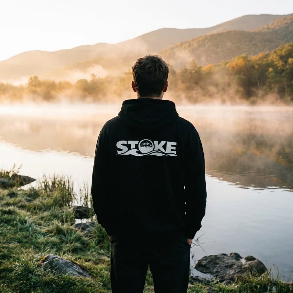 Person standing at misty lake at sunrise wearing Stoke hoodie