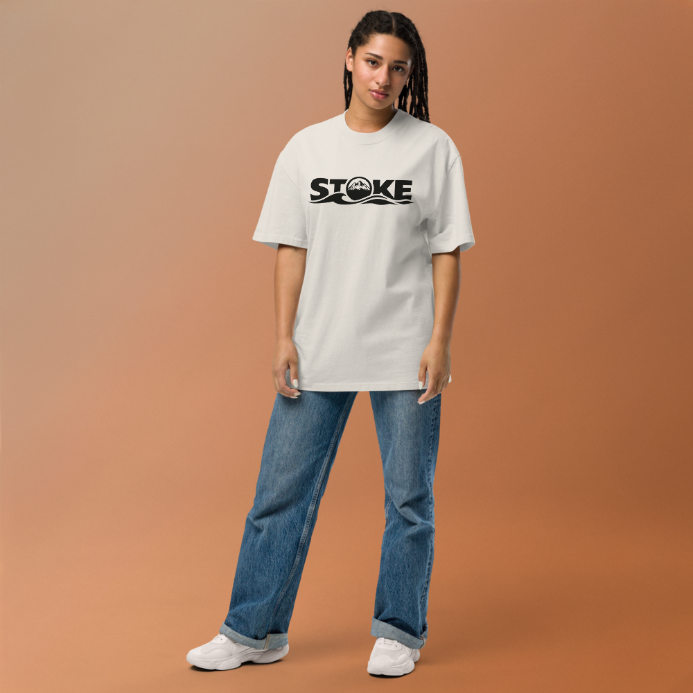 Model wearing the unisex STOKE Heavyweight Trail Tee in Faded Bone