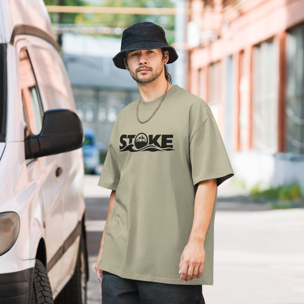Model wearing the unisex STOKE Heavyweight Trail Tee in Faded Eucalyptus