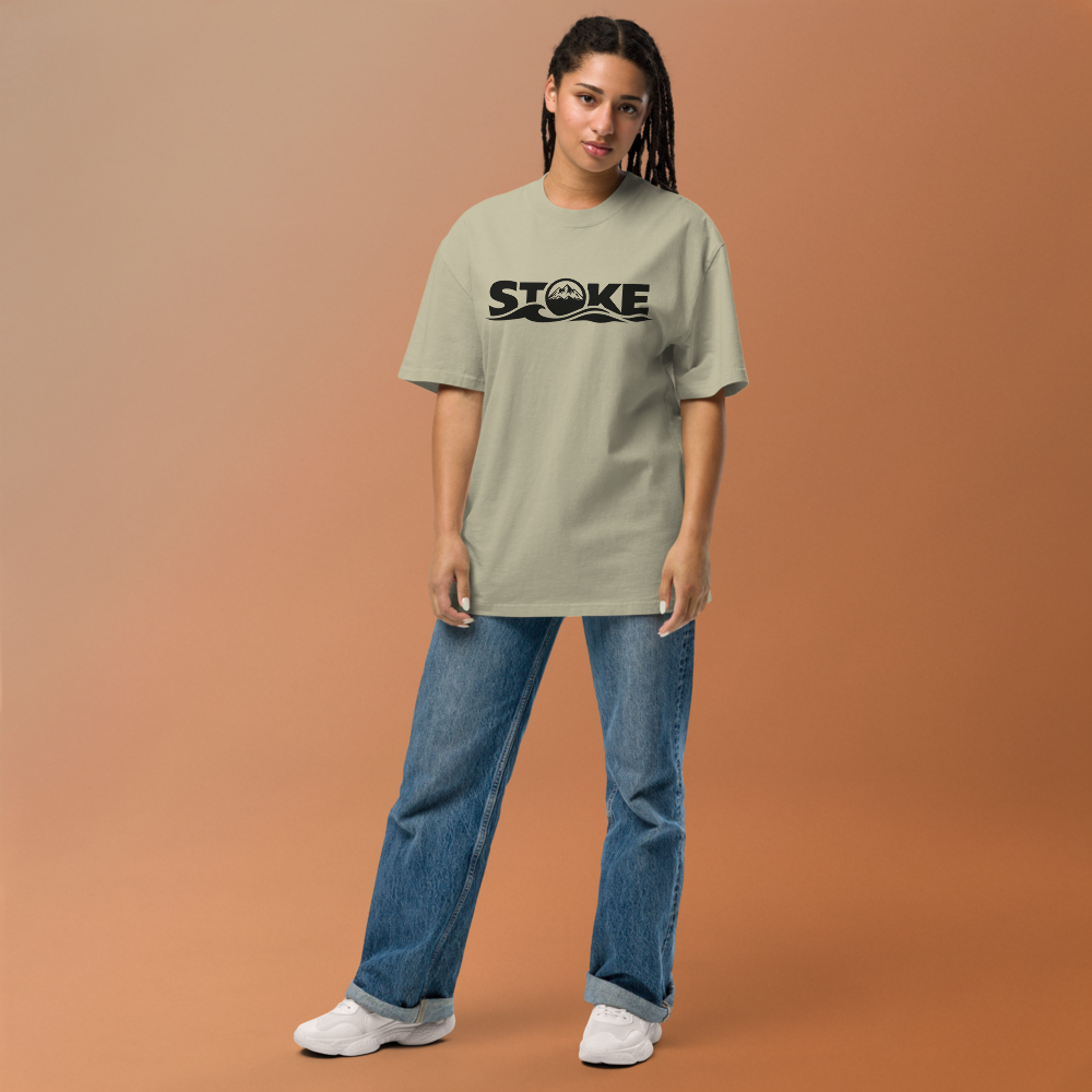 Model wearing the unisex STOKE Heavyweight Trail Tee in Faded Eucalyptus