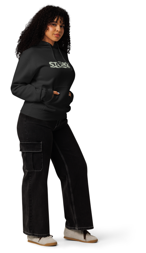 Model wearing the STOKE heavyweight hoodie in Black with front print