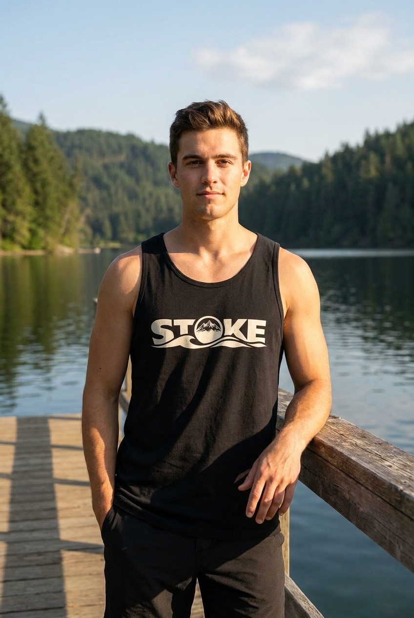 Man wearing the STOKE Mixed-Material Easy-Fit tank top in Black on a lake dock