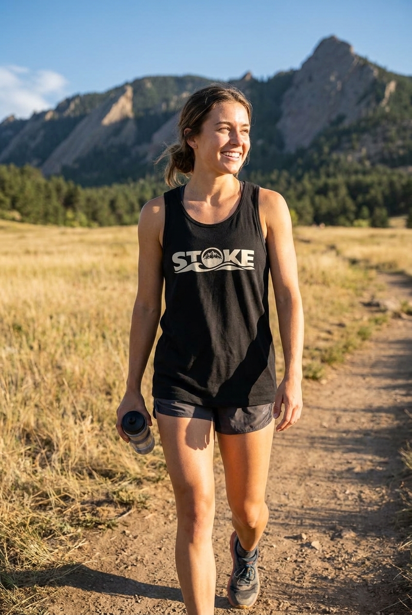 Woman wearing the STOKE Mixed-Material Easy-Fit tank top in Black at a mountain trailhead