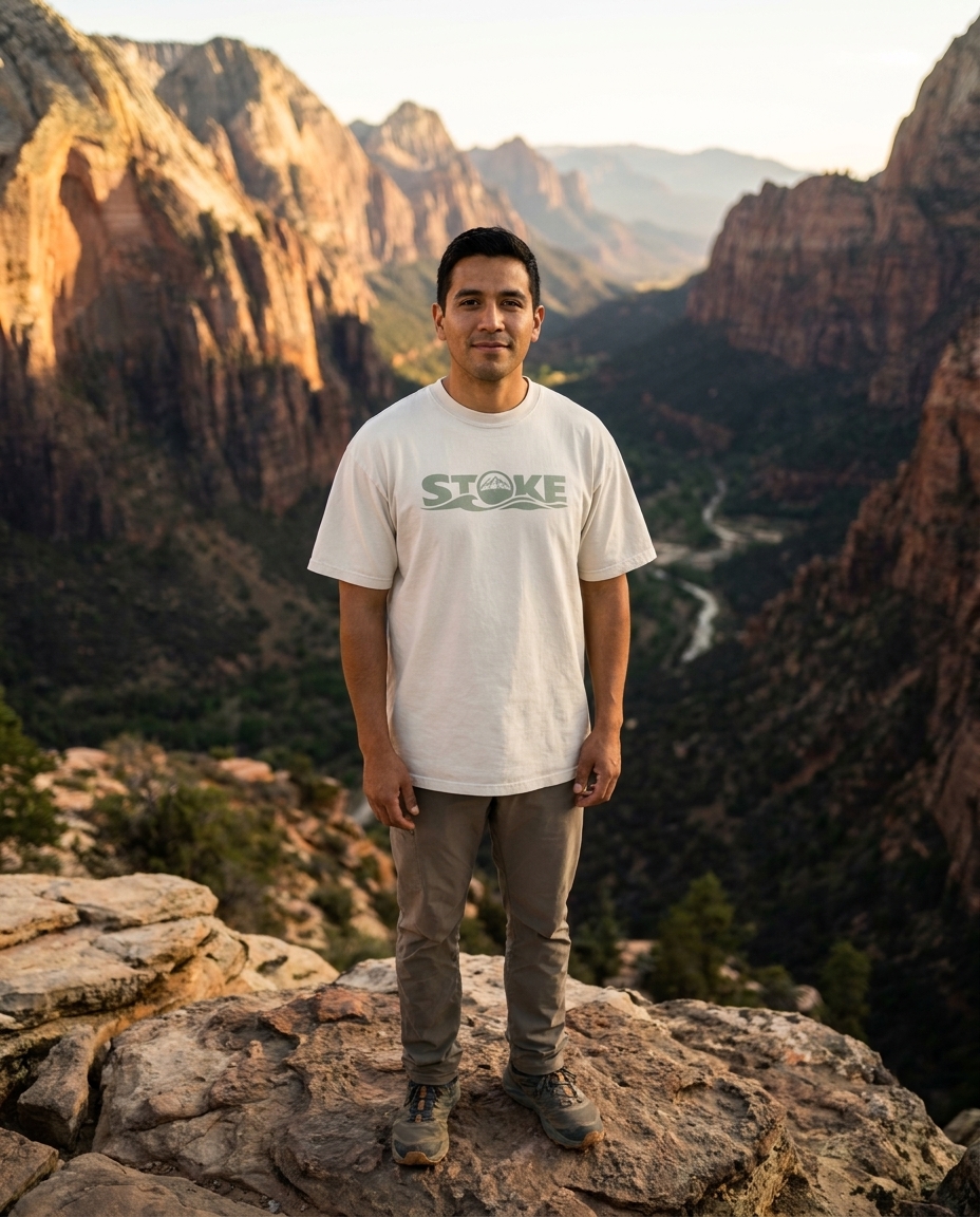 Man at a canyon viewpoint in the unisex STOKE Heavyweight Trail Tee in Faded Bone