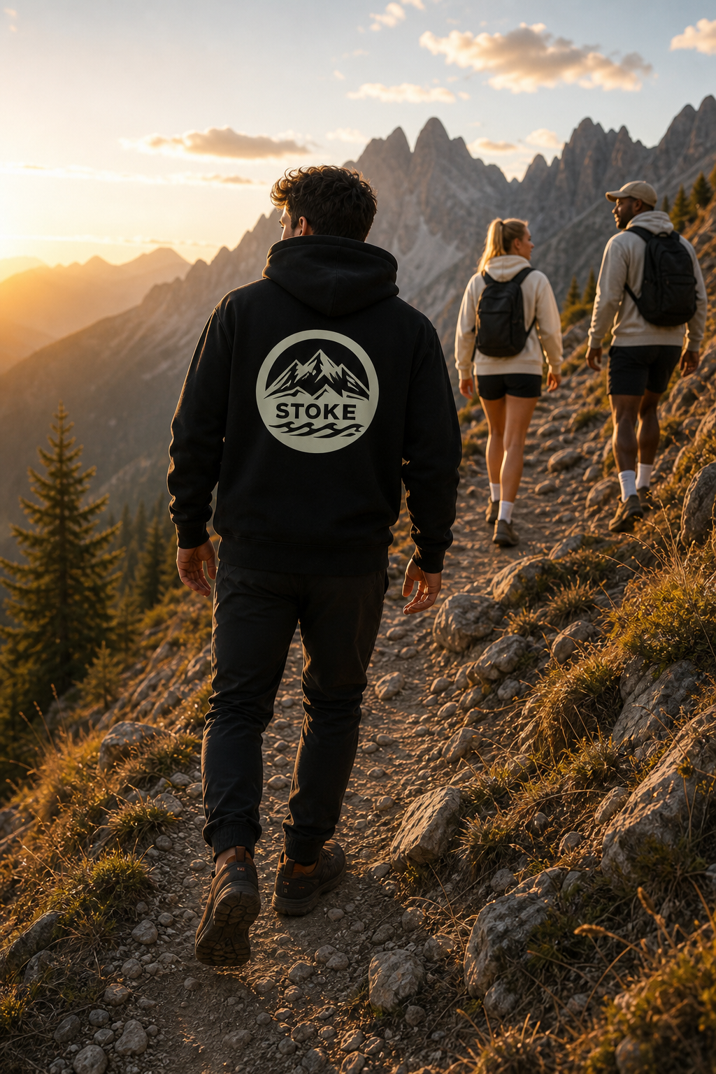 Hiker wearing the STOKE heavyweight hoodie in Black with back print