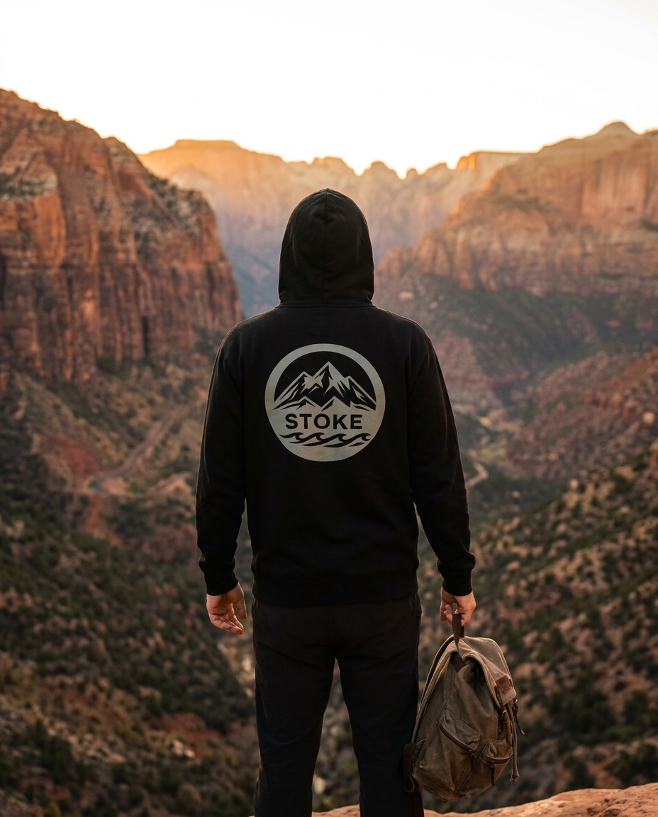 Hiker at a canyon overlook wearing the STOKE heavyweight hoodie in Black with the back mountain graphic
