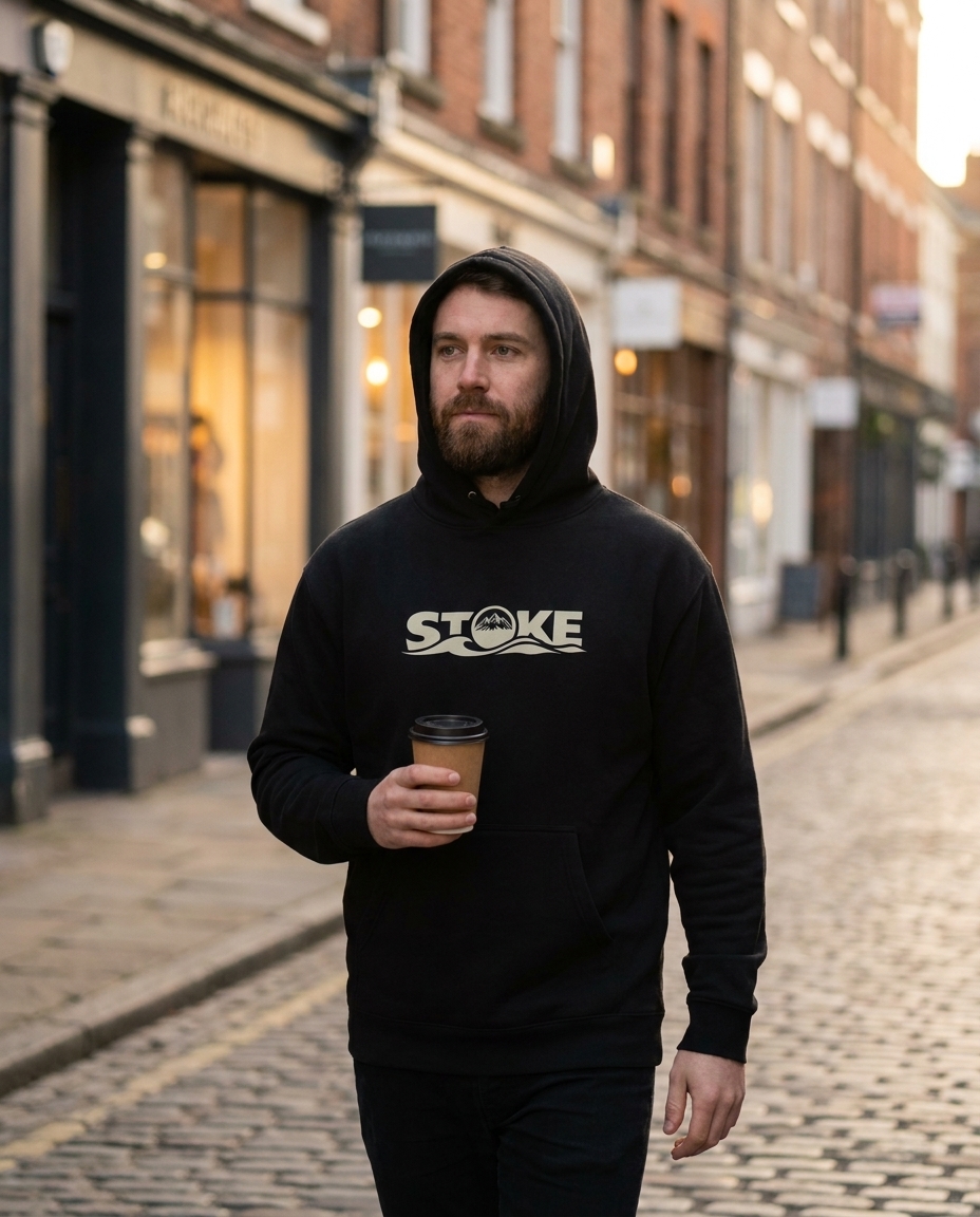 Man walking a city street with coffee in the STOKE heavyweight hoodie in Black with front print