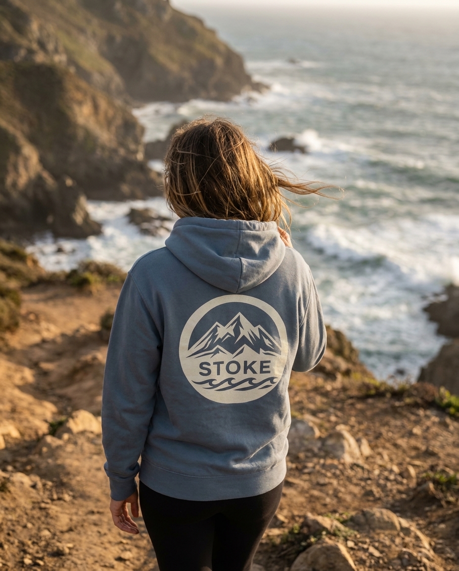 Woman walking a coastal cliff trail in the STOKE heavyweight hoodie in Storm Blue with back print