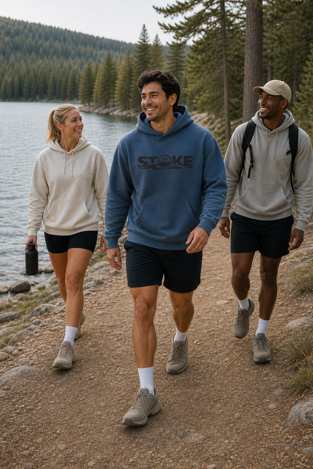 Friends hiking lakeside in the STOKE heavyweight hoodie in Storm Blue with front print
