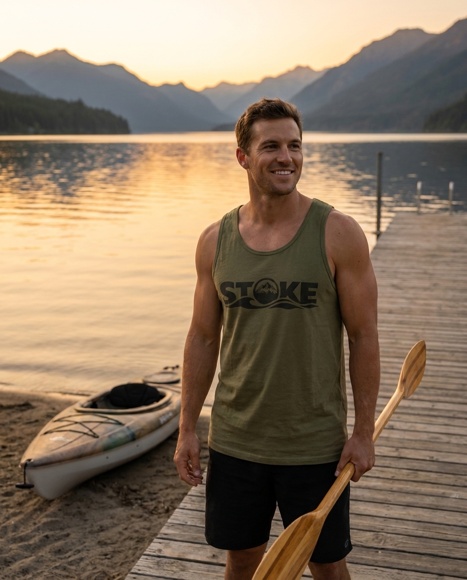 Man on a lake dock with a kayak wearing the STOKE Movement Tank in Military Green