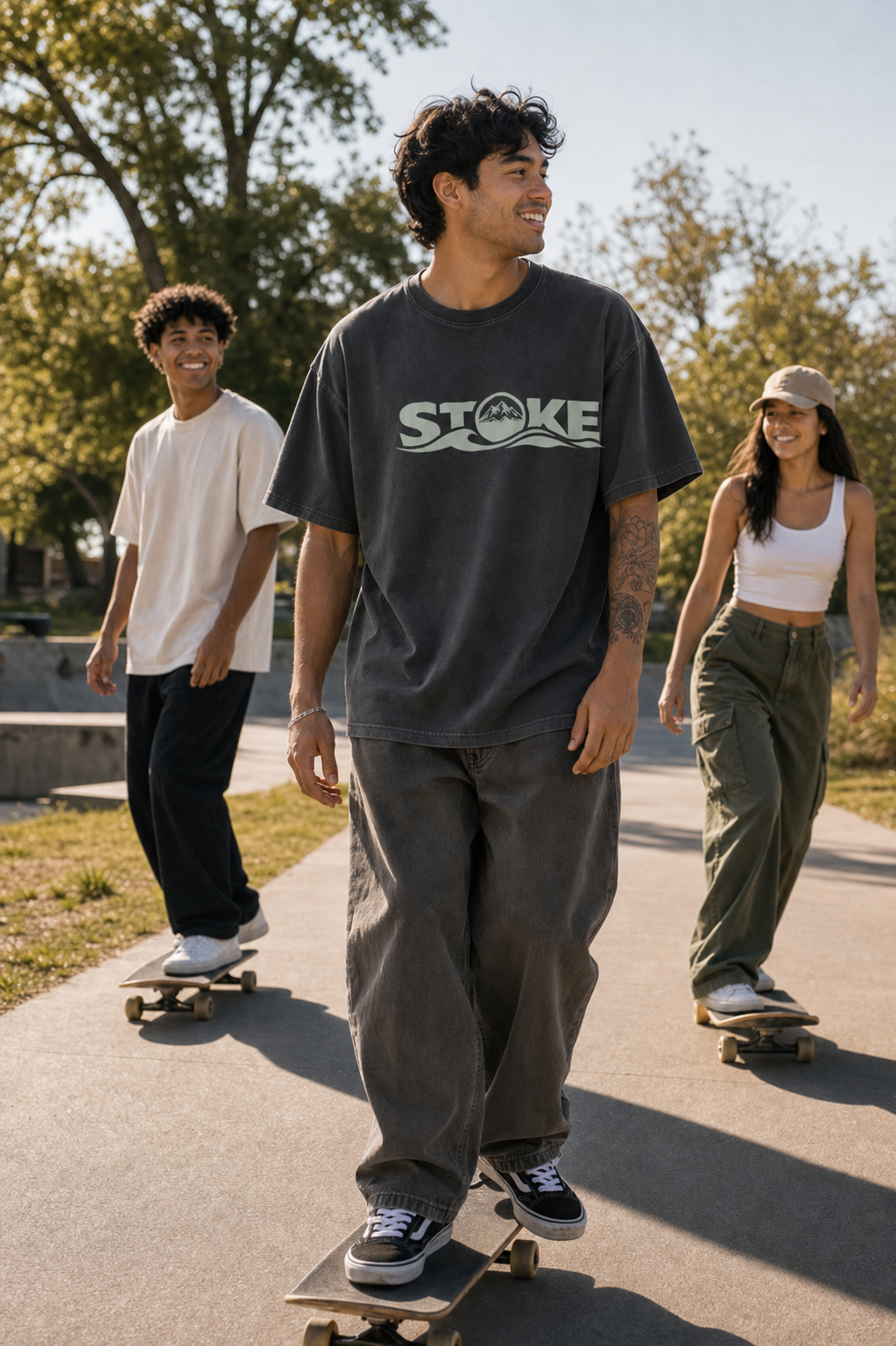 Skate session in the unisex STOKE Heavyweight Trail Tee in Faded Black
