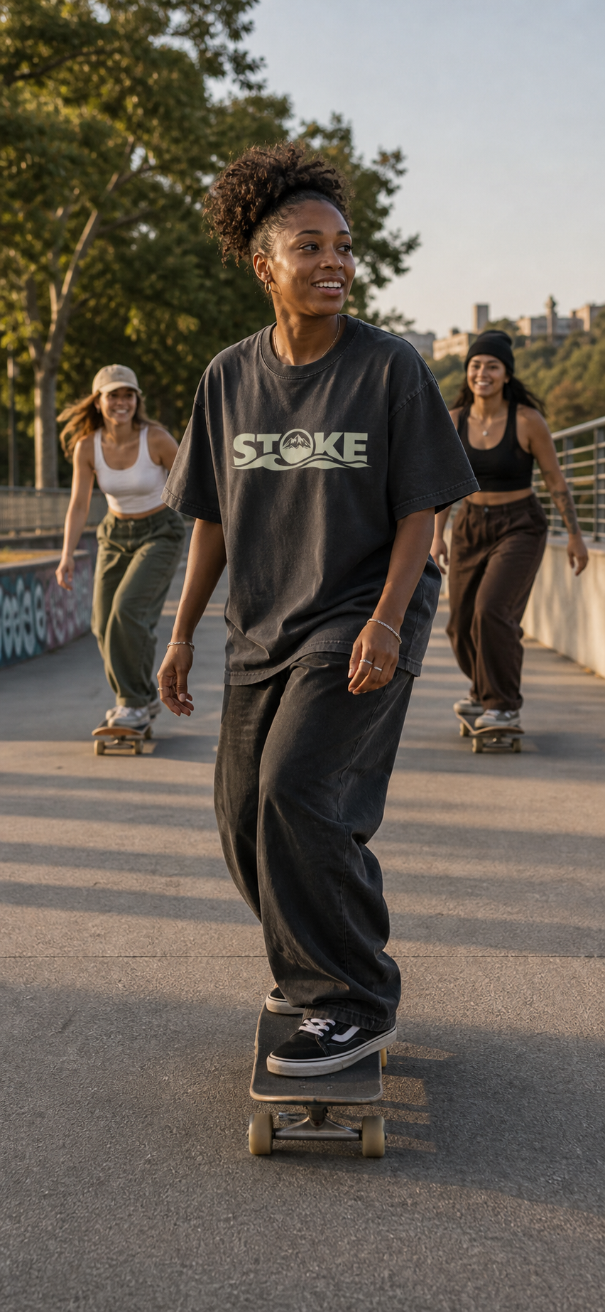 Woman wearing the unisex STOKE Heavyweight Trail Tee in Faded Black