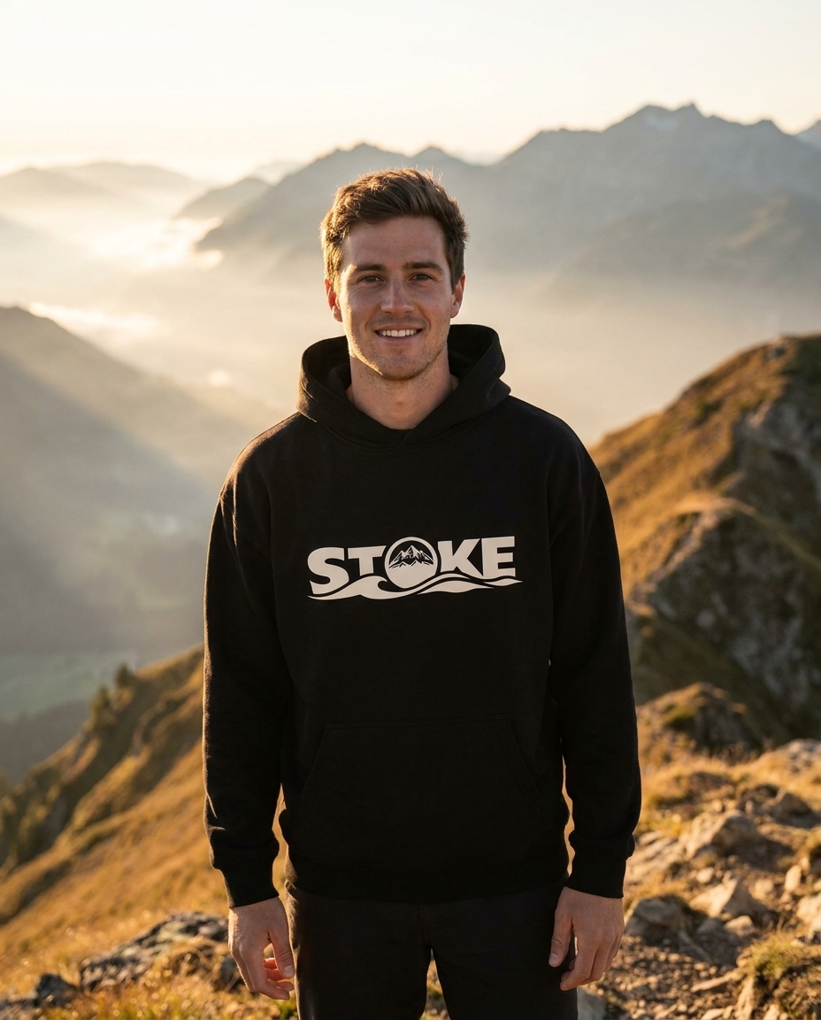Man on an alpine ridgeline wearing the STOKE Super Heavyweight Front + Back Hoodie in Black, large front logo