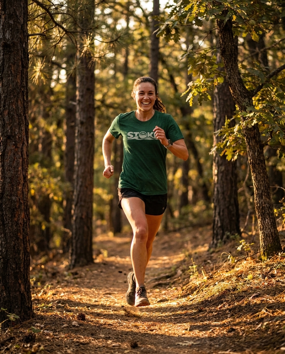 Woman trail running in the unisex STOKE Trail Light Tee in Emerald Triblend