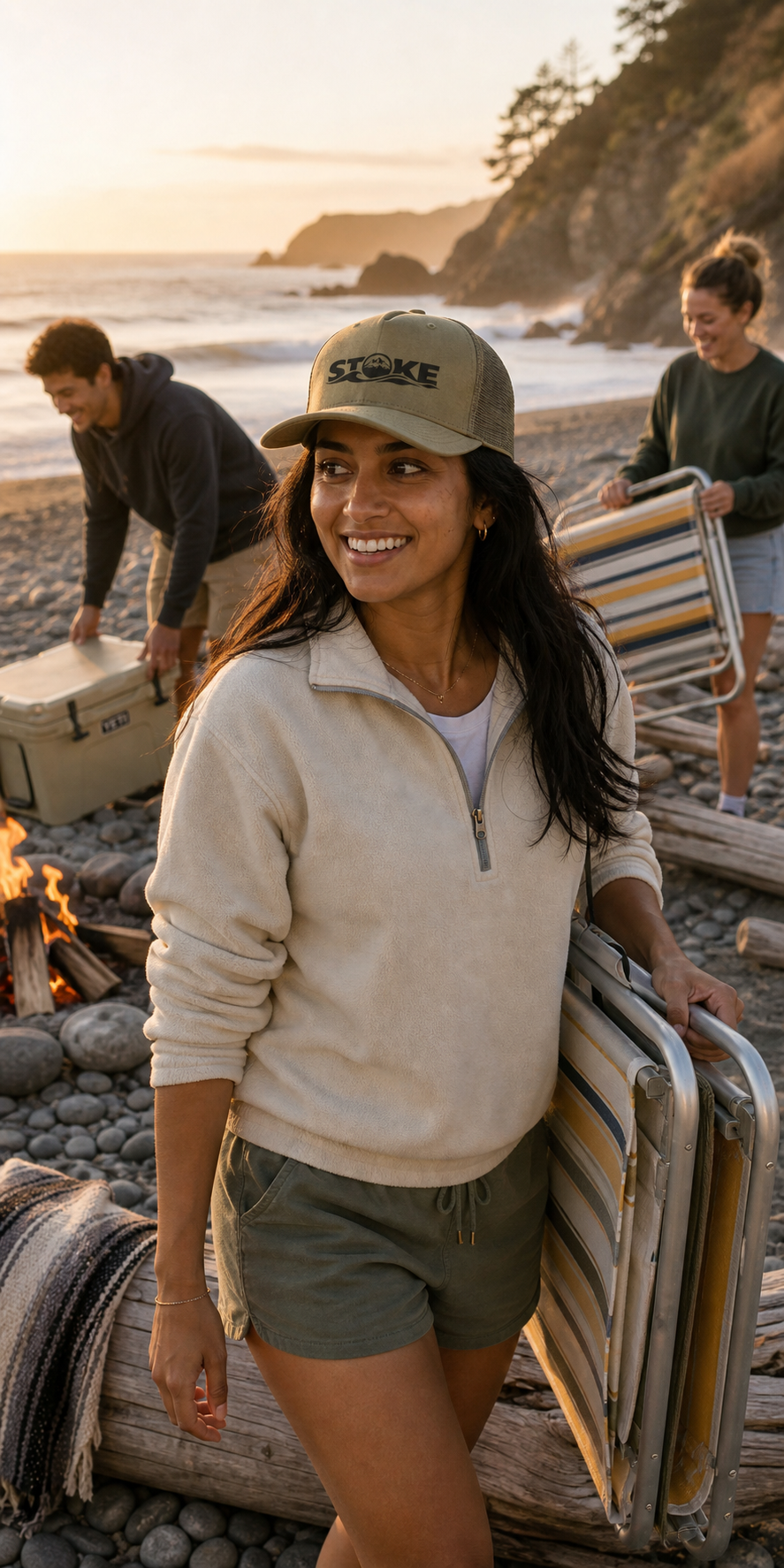 STOKE Trailhead Trucker Cap in Loden at the beach