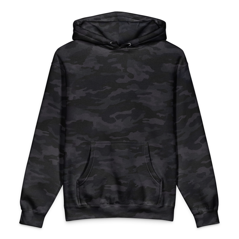 STOKE heavyweight hoodie in Black Camo front view for back-print style