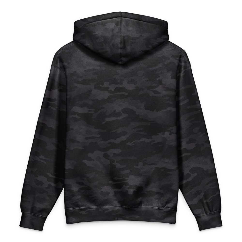 STOKE heavyweight hoodie in Black Camo back view for front-print style